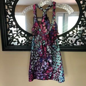 Aqua ruffle front racerback top.